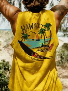 Men's Summer Round Neck Casual Palm Tree & Beach Surfing Printed Tank Top, Suitable For Beach Vacation And Daily Wear - Yellow - View 4