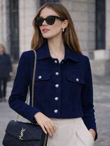Women's Short Soft Bomber Jacket, Elegant With Front Buttons, Functional Pockets, Fitted Sleeves, Winter/Autumn Fashion, Casual Chic Look, Comfortable And Modern. - Navy Blue - View 2