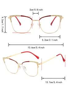 1 Pair Women's Cat Eye Rhinestone Metal Frame Non-Prescription Glasses, Fashionable Versatile Daily Accessory - Red and Gold Frame - View 4