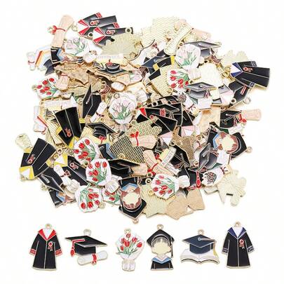 15pcs Assorted Alloy Jewelry Accessories, Including Graduation Cap, Flower, Diploma Charms, Suitable For DIY Jewelry Making, Graduation Season Decorations (Random Style)