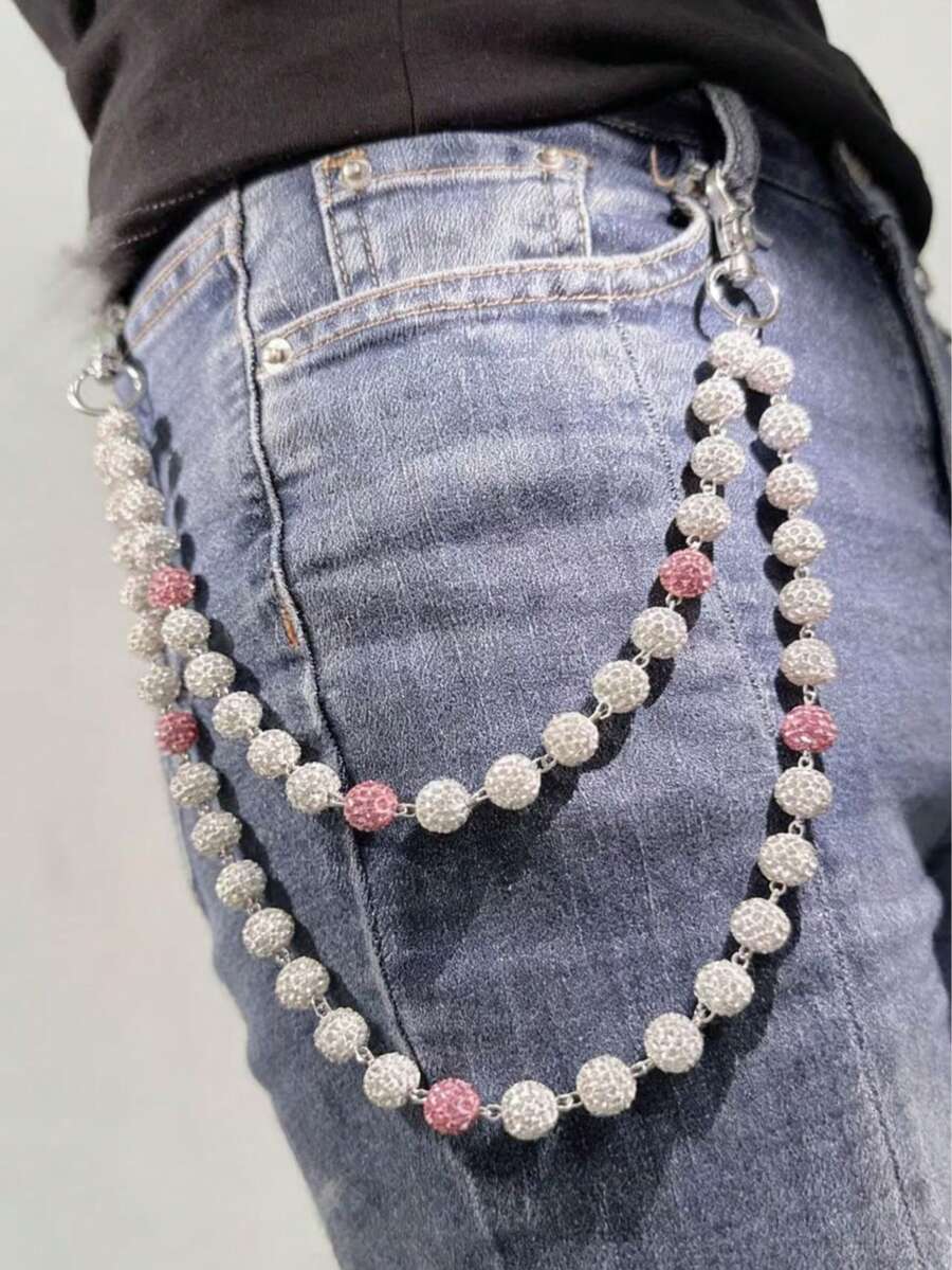 1pc European And American Fashion Elegant Soft Ceramic Rhinestone Ball Multi-Layer Denim Waist Chain For Men - Multicolor - View 1