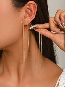 女士金色蝴蝶耳链耳环，精致流苏吊坠耳环，可爱简约串珠首饰 - 金黃色 - 查看 2