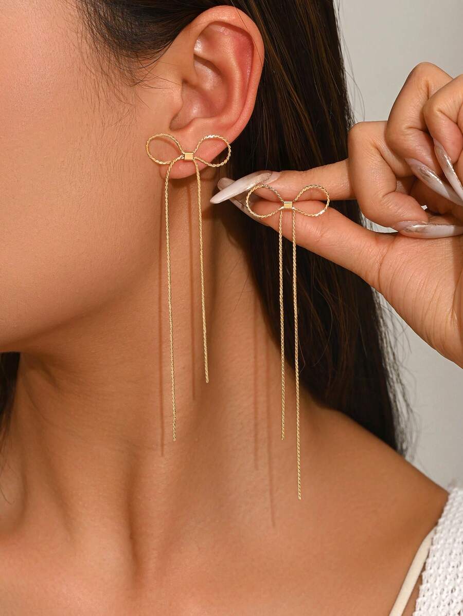 女士金色蝴蝶耳链耳环，精致流苏吊坠耳环，可爱简约串珠首饰