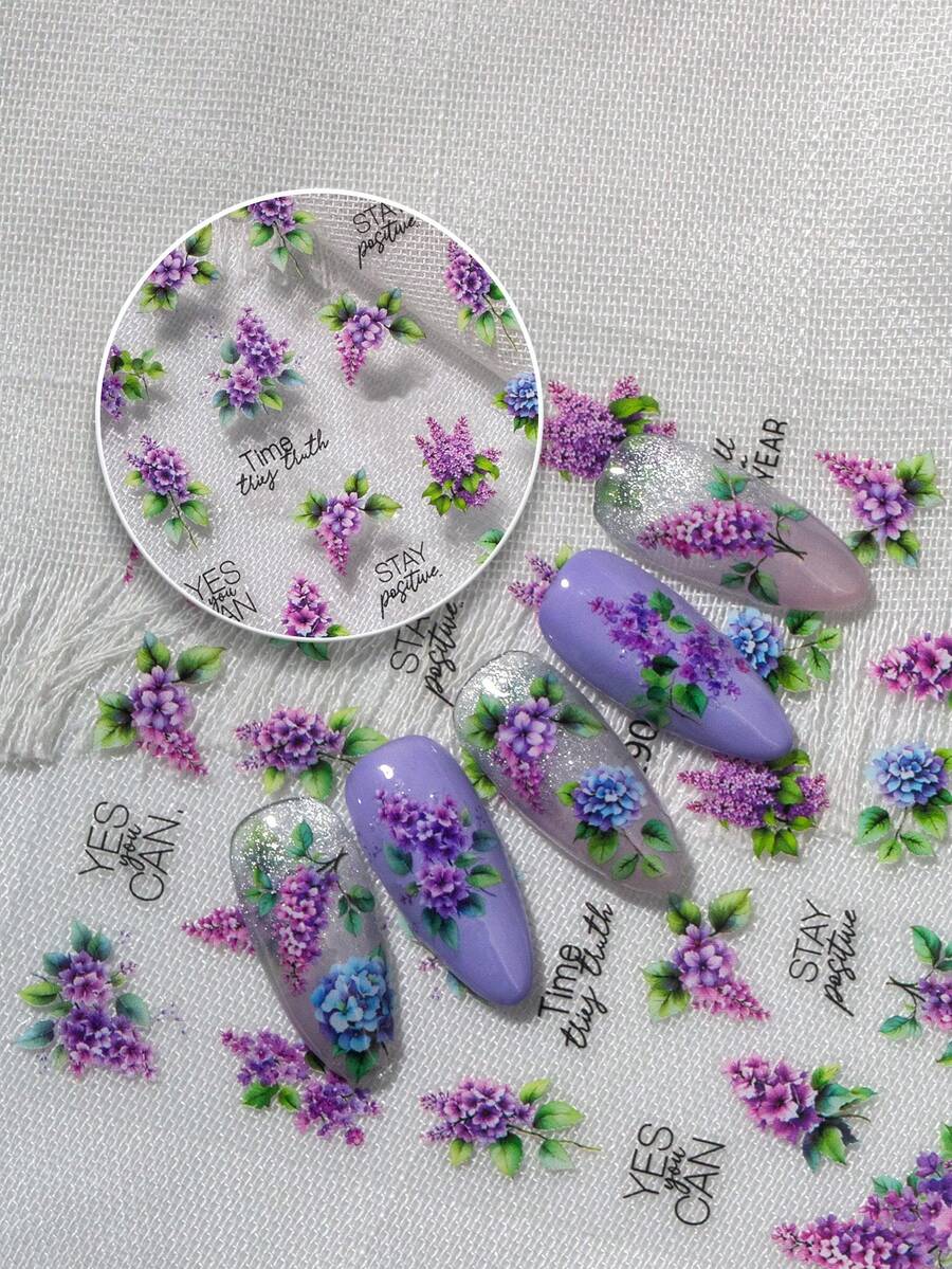 Nail Art Sticker With Purple Lilac Flower Clusters As The Main Element, Accented With A Few Blue-Purple Flowers And Fresh Green Leaves, Paired With A Gentle, Healing English Phrase. The Overall Color Tone Is Soft And Elegant, Exuding A Tranquil And Romantic Spring Vibe. The Style Is Intellectual, Gentle And Poetic, Highly Suitable For Those Who Love Spring Ambiance, Pursue Delicate Emotional Expression And Healing Aesthetics. - Multicolor - View 1
