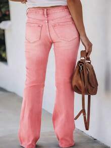 Plus Size Women's Denim Flare Leg Jeans, High Stretch Ripped Boho Style Long Pants With Button And Pocket Details, Perfect For Fall Season Casual Pink - Pink - View 3
