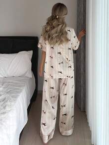 2pcs/Set Summer Happy Dog Print Polo Collar Short Sleeve Top And Pants Women Pajama Set - Apricot - View 5