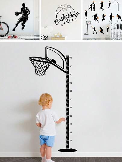 BRUP 1Pc Basketball Theme Baby Kids Height Chart Wall Decal Removable Vinyl Growth Chart With Basketball Hoop & Player Silhouette, Sports Style Cartoon Nursery Room Decor