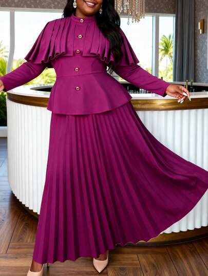 AOMEI 大码紫色两件套，复古高领喇叭袖上衣搭配百褶裙，适合商务、正式场合和教堂活动