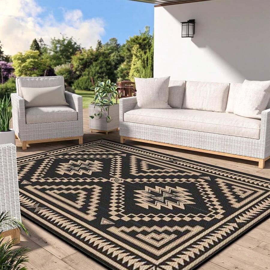 1 pieza Alfombra rectangular minimalista de estilo bohemio en negro y marrón, adecuada para patio, caravana, camping en primavera y otoño - multicolor - Ver 1