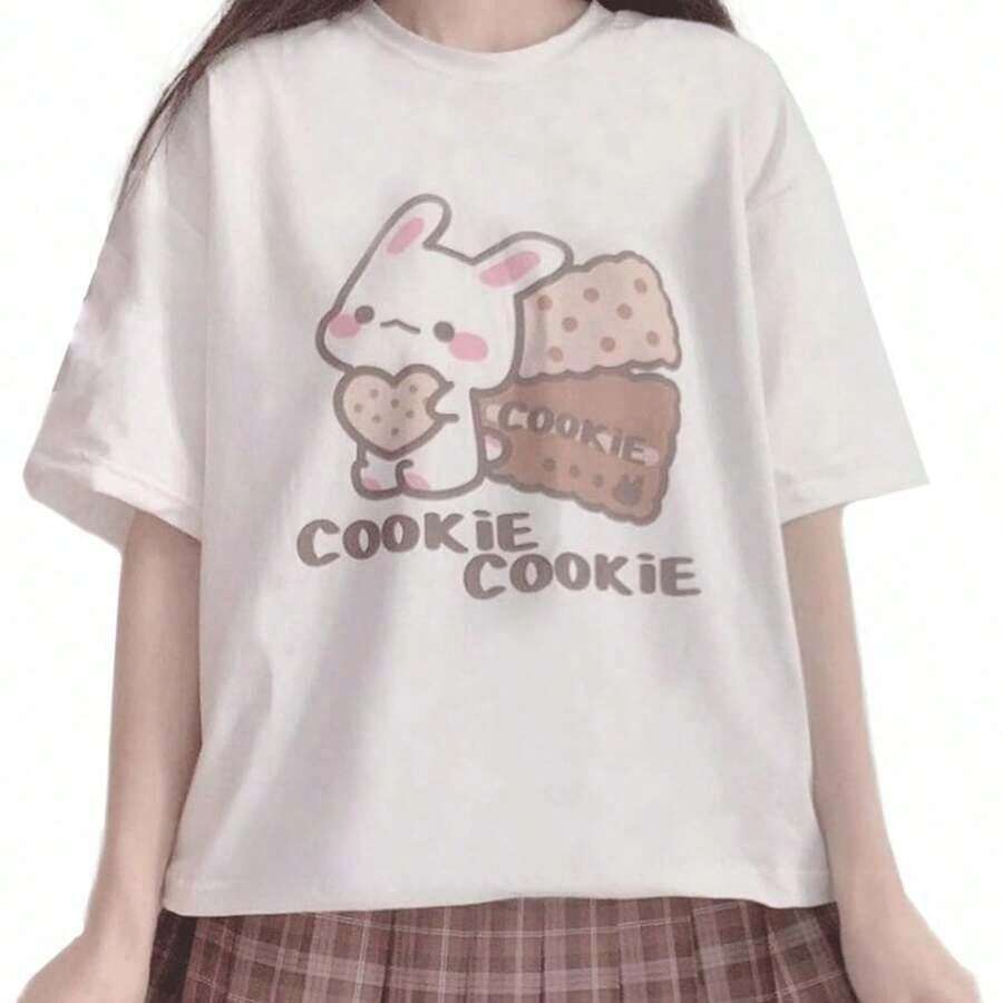Harajuku Kawaii Fashion Pastel Gothic Casual Style Crewneck Soft Cartoon Cute Bunny Cookies Print T-Shirtspring,Vintage Women Clothes,Summer Tops For Women,Tops For Women,Tops Women Clothes,Spring Clothes,Cute Tops Women,Cute Tops Women,Vacation Outfits Women,Summer Outfits For Women,Summer Outfits,Beach Outfits - 白色 - 查看 1