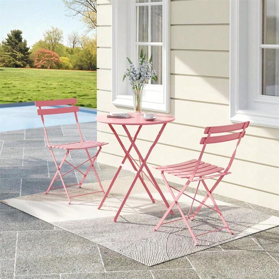 Juego de bistro plegable para exterior - 3 piezas con mesa y 2 sillas | marco de metal premium para balcón - Rosa - Ver 1