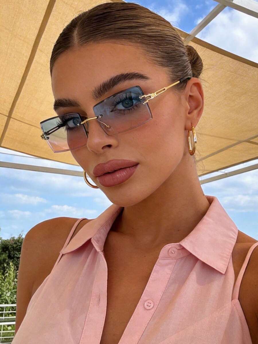 1pc Frameless Square Metal Gradient Fashion Glasses, Fashionable For Outdoor Travel