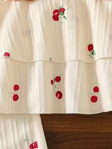 Girls' Summer Cream-Colored Cherry Print Camisole Double-Layer Top + Wide-Leg Pants 2 Pieces Set, Children's Sweet And Fresh Style Outfit Suitable For Daily Outings, Campus Wear, Family Trips, And Park Strolls - Gold - View 5