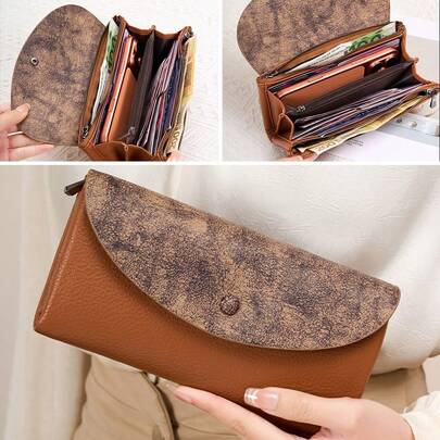 CHARM INFINITE محفظة نسائية من جلد البولي يوريثان ذات لونين مع نسيج مميز - محفظة كبيرة السعة مع إغلاق بزر، منظم أنيق للبطاقات والنقود للتنقل والسفر، تصميم متباين أنيق، سعة كبيرة للهاتف والعملات والنقود وفتحات البطاقات، محفظة أعمال أنيقة للسيدات للتنقل والمكتب - بني