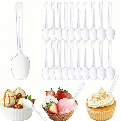 30/50/100/500pcs Transparent Plastic Mini Spoons, Ice Cream Spoons, Dessert Spoons, Coffee Spoons, Party Tableware, Suitable For Weddings, Festivals, Gatherings, Birthday Parties, Holidays, Picnics, Camping, Cakes, Desserts, Coffee And Fruit Salad Tasting Spoons, Back To School Season