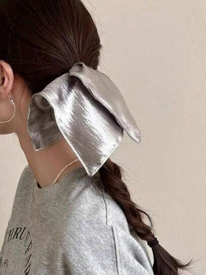 1pc Shiny Silver Square Scarf, Large Size Women Hair Scrunchie, Women Low Ponytail Hair Tie, Extra Large Retro Square Hair Scrunchie, Fashion Hair Accessory, Retro Style, Soft Smooth Fabric, Stylish Hair Scrunchie Hair Accessory Hair Elastics Hair Rubber Bands Hair Rope