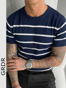 GRDR Men's Summer Knit Striped Short Sleeve Sweater, Versatile For Summer Socializing And Dining - Navy Blue - View 8