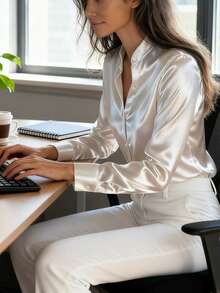 Women's Elegant Satin Long Sleeve Shirt - Versatile Solid Color Button-Up Blouse, Classic Collar, Soft & Smooth Fabric, Machine Washable & Dry Cleanable, Suitable For Office, Casual And Formal Occasions, High-End Style, Easy Care Fabric, Suitable For Spring, Summer, Autumn And Winter White - White - View 4