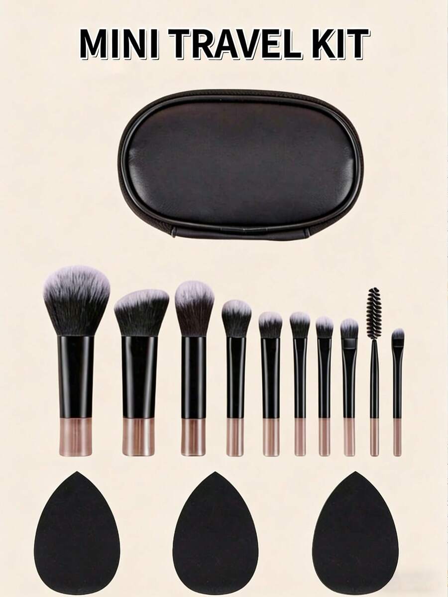 Bộ 10 cọ trang điểm mini màu hồng + 1 túi đựng mini có khóa kéo + 3 cọ trang điểm (bông tán phấn, tạo khối, má hồng, phấn mắt, highlight, kẻ lông mày), dụng cụ trang điểm du lịch tiện lợi.