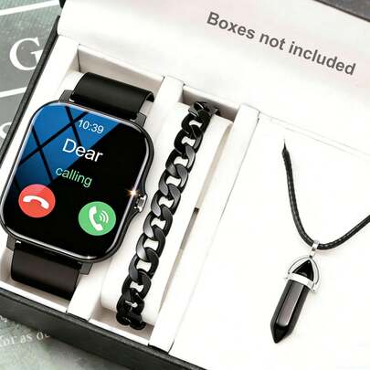 3 Pieces Set: 1.83" Smart Watch With Calling, Message Receiving, Multiple Sports Modes, Music Playback, Compatible With IOS & Android, Paired With 1 Black Steel Bracelet And 1 Gemstone Necklace, Suitable For Holidays, Daily Wear, Outdoor Activities, School, Etc.