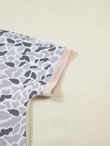 Acelitt Gray Camouflage Print Twisted Texture Patchwork Casual T-Shirt - Grey - View 6