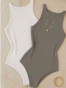 Set Of 2 Women's Basic Tank Top Bodysuits With Round Neck, Casual Style, Lined Second Skin, Chic And Timeless - 灰/白 - 查看 2