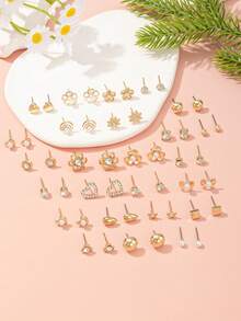 30 Pairs Cute Heart Flower, Faux Pearl, Bow Stud Earrings Set, Delicate Daily Wear Earrings, Suitable As Gift For Friends - Yellow Gold - View 3