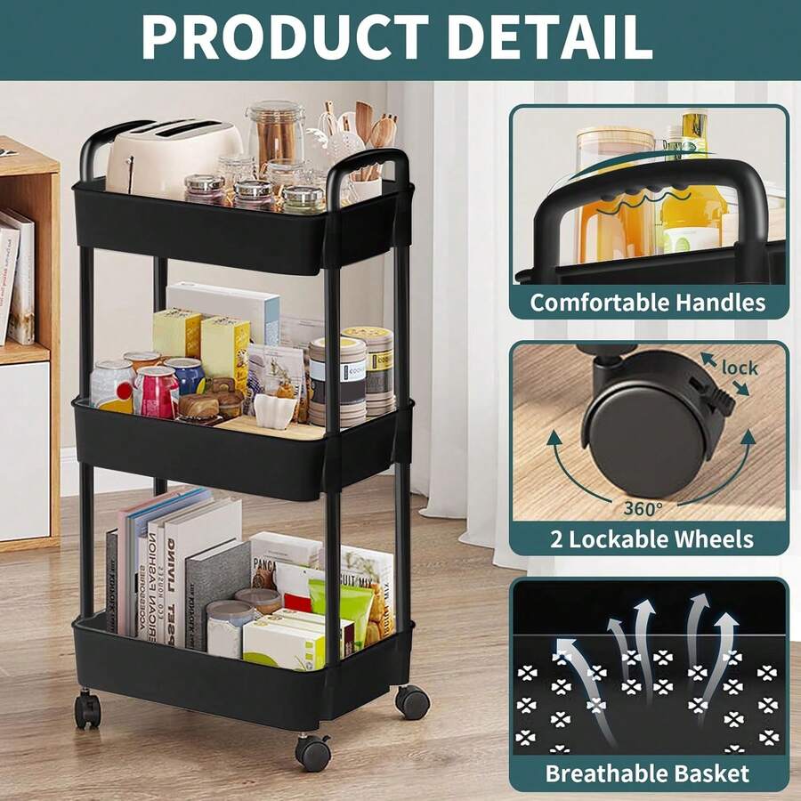 3 - Tier Rolling Storage Cart With Wheels, Multi - Layer Utility Trolley Organizer With Perforated Shelves & Divided Baskets, Easy - Move Storage Solution For Bathroom, Kitchen, Office, Bedroom, Quick Assembly & Space - Saving Design.Portable Organizer, Kitchen Island Cart, Bathroom Storage Trolley, Home Organization, Space Saver.Bookshelf,Organziers Storage,Rolling Cart,Bathroom Accesssories,Bathroom Storage,Bathroom Decor,Organziers Storage,Room Decor,Kitchen Essentials - trắng - Xem 1