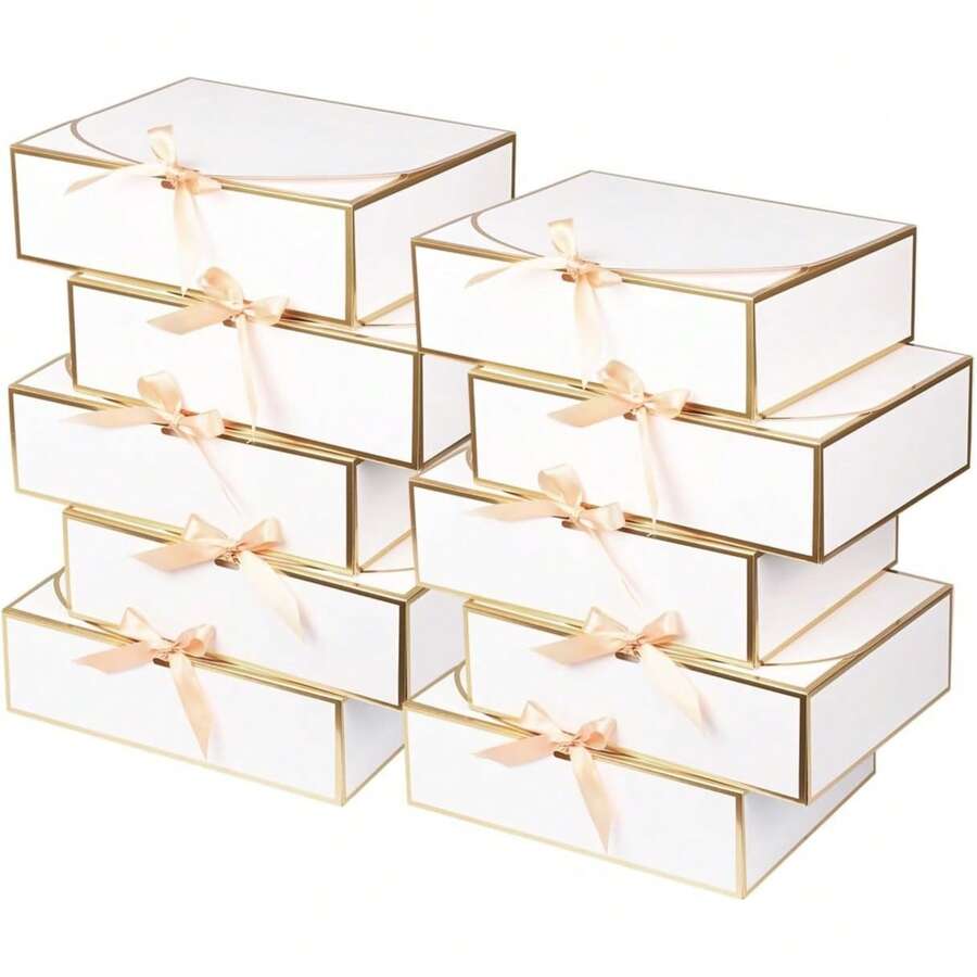 10pcs White Edged Lid Gift Boxes, Luxury White Satin Ribbon Gift Boxes, Groomsman Proposal Boxes, Gift Boxes, Birthday Boxes, Party Boxes, Wedding Boxes, Bridesmaid Boxes, Graduation Gifts, Valentine's Day Boxes - View 1