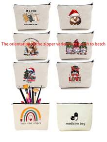 1pc Reusable Canvas Bag With Cute Pattern, Pencil Case, Handheld Large Capacity Student Textbook & Assignment Storage Bag, Subject Organizer File Folder, Zipper Document Pouch, Cosmetic Bag - Multicolor - View 4