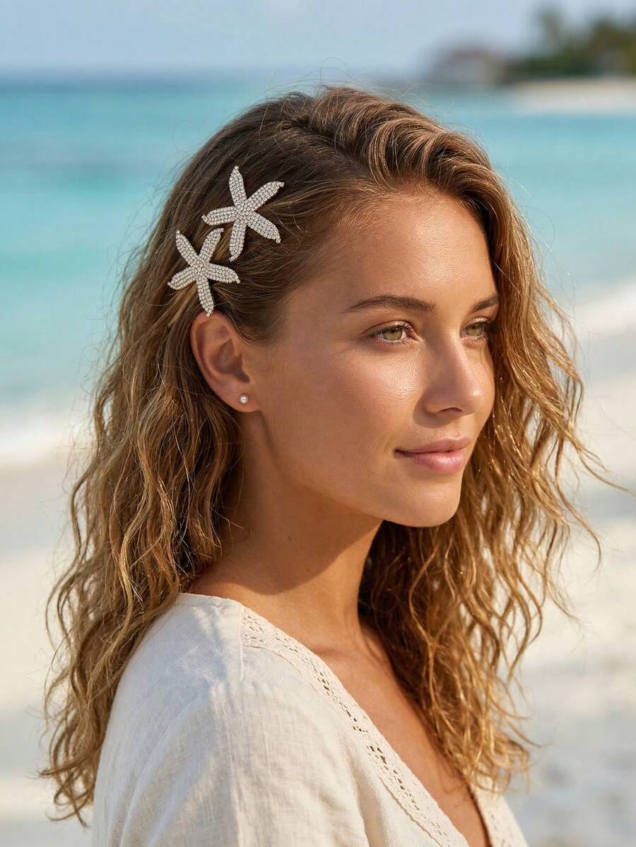 2pcs Shiny Rhinestone Starfish Hair Clips, Minimalist Gold Metal Hair Barrettes, Fashion Beach Holiday Style Side Hair Accessories