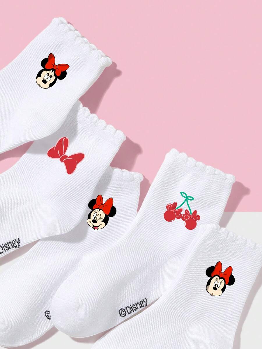 Disney 1/5双装 春夏儿童/女童蕾丝边短袜/踝袜，可爱红色蝴蝶结和米妮图案装饰，时尚个性，柔软透气吸湿，白色运动袜/中筒袜，休闲百搭，适合旅行、亲子活动、校园穿着、日常搭配 - 彩色 - 查看 1
