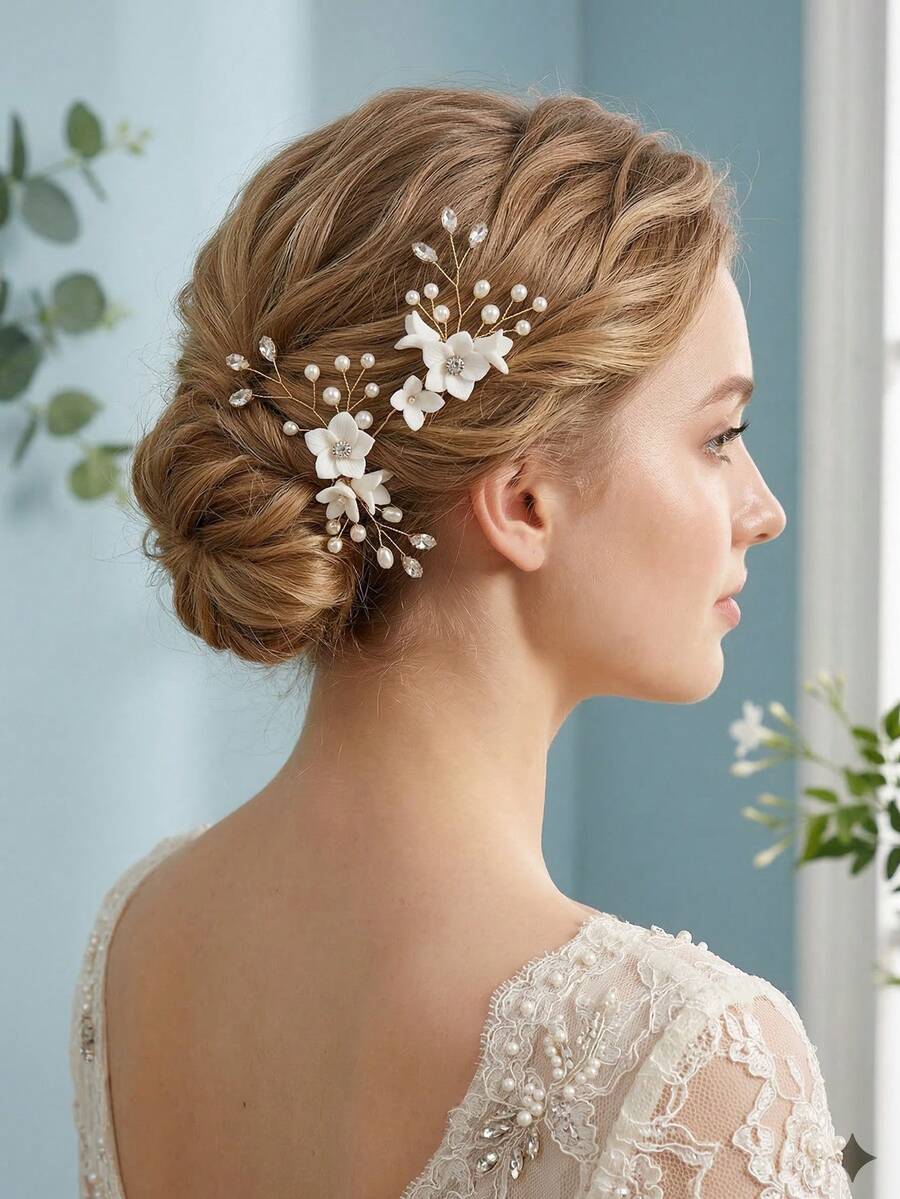 3pcs Set Elegant Faux Pearl & Rhinestone White Flower U-Shaped Hair Clips, Bridal Wedding Bridesmaid Hair Accessories, Fairy Sweet Bun Hairpins