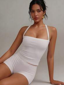 XLLAIS Sexy Open Back Knit Camisole White Crop Top, Stretchy Casual Fitted Women's Sleeveless Tank Top, Back To School Season Summer - White - View 8