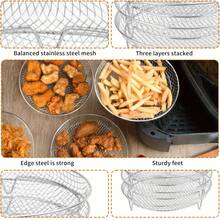 1/3 piezas Juego de accesorios para freidora de aire - Rejilla apilable de acero inoxidable, deshidratador, bandeja para hornear en freidora de aire, rejilla para asar, cesta para freír vegetales y frutas - A - Ver 3