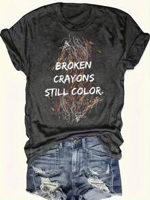Double-Sided Printed Colored Cotton T-Shirt  Comfortable, Stylish With Minimalist Design, Casual & Versatile, INS Style Broken Crayons Still Color Graphic T Shirts Streetwear Graphic Tee - 灰色 - 查看 1
