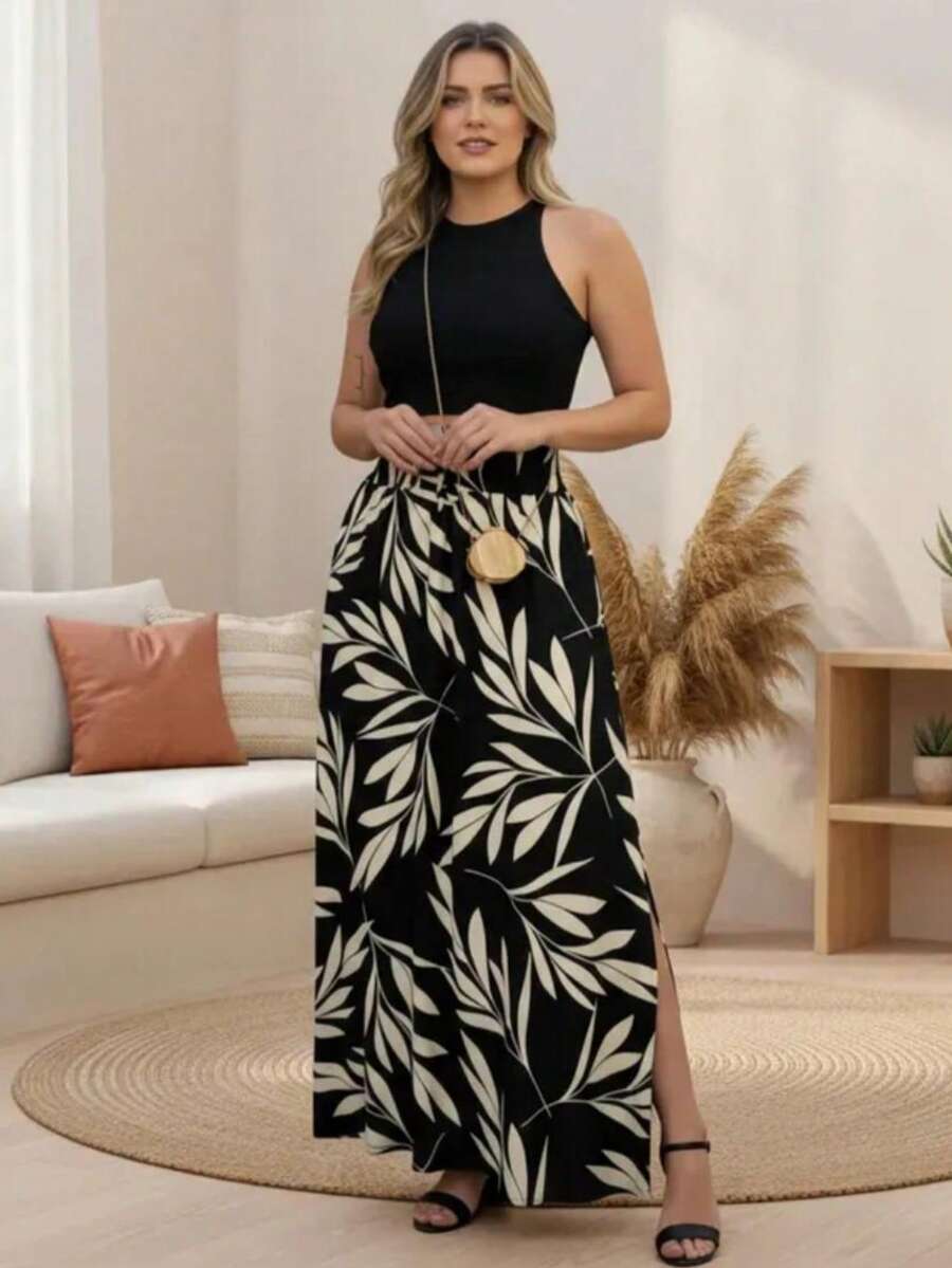 Women's Long Skirt With An Elegant, Modern, And Comfortable Look. Featuring A Sophisticated Leaf Print And A Slit. Suitable For Spring/Summer/Autumn/Winter. - Black - View 1