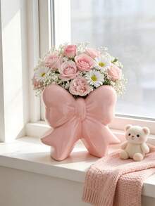 1个/2个ins风蝴蝶结塑料花瓶，可爱白色/粉色花盆，桌面装饰花盆，适用于家庭和办公室，少女心形花卉容器 - 站立蝴蝶結 - 查看 4