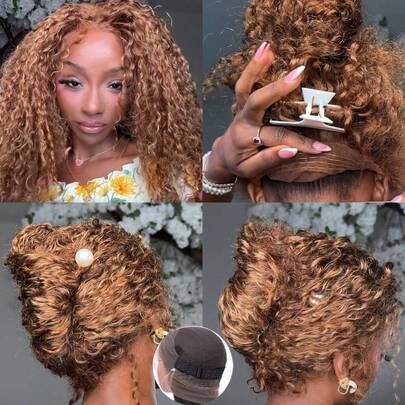 ZHENDEFA 4/27 渐变蜂蜜金 360 蕾丝前假发 真人发 隐形绑带挑染 Jerry 卷发蕾丝前假发 真人发 200 密度 360 高清透明蕾丝前额无胶假发 预先拔毛 女性专用