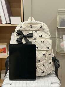 Large Capacity Corduroy Backpack With Bow Pattern, Korean Cute Style, Suitable For Women's Daily Commute And School Use - Multicolor - View 3