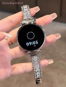 1pc Silver Sparkling Zirconia Metal Watch Band Bracelet Compatible With Samsung Galaxy Watch 7/6/5/4/Active2 Classic (40/44mm), Watch 5 Pro (45mm), Watch 4 Classic (42/46mm), Watch 3 (41mm), Watch Active (40mm), Watch 42mm Cuban Link Strap, Fits All 20mm 22mm Width Smartwatch Bands - Silver - View 1