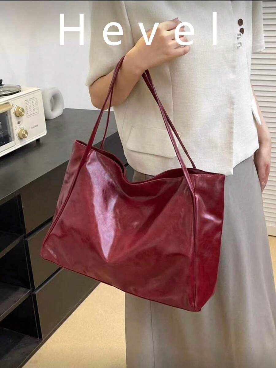 Hevel 2026 新款韩版女包 新款手提大包 复古设计 多功能单肩休闲托特包 - 酒紅色 - 查看 1