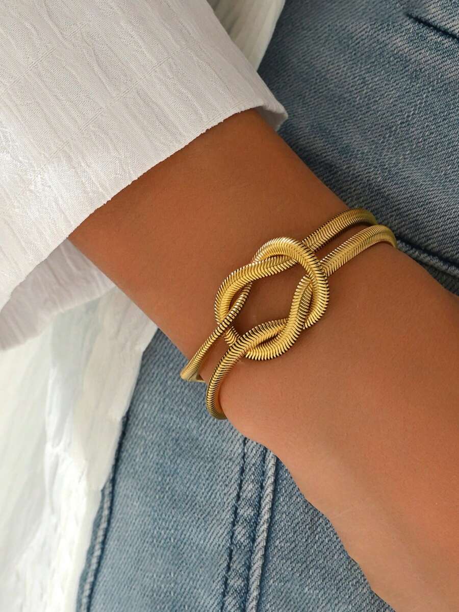 1pc Minimalist Versatile Thick Stainless Steel Snake Design Bracelet, Fashion Jewelry Chain Bracelet Suitable For Women's Daily And Party Outfits - Gold - View 1