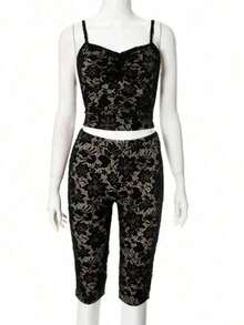 Women's Elegant Sheer Floral Lace Two Pieces Set With Spaghetti Strap Top And Shorts, Sexy Club Outfit Black - màu đen - Xem 9