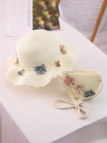 Summer Kids Straw Hat & Mini Crossbody Bag Set, Fashionable Matching Parent-Child Bucket Hat With Wide Brim For Sun Protection - 2pcs - View 6