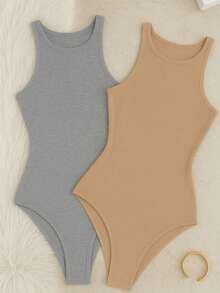 Set Of 2 Women's Basic Tank Top Bodysuits With Round Neck, Casual Style, Lined Second Skin, Chic And Timeless - 灰色/裸色 - 查看 2