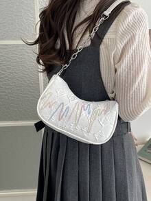 刺绣字母韩版女士腋下手提包，新款时尚托特单肩包，简约新月形通勤包 - 白色 - 查看 9