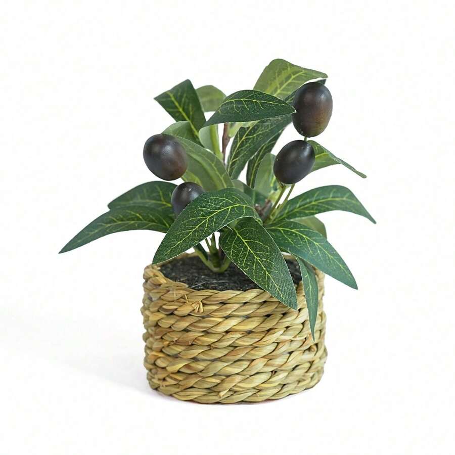 Handwoven Basket With Artificial Olive Tree Mini Potted Plant, Bohemian Style Farm Decor, Suitable For Desk, Home Office, Kitchen - Multicolor - View 1