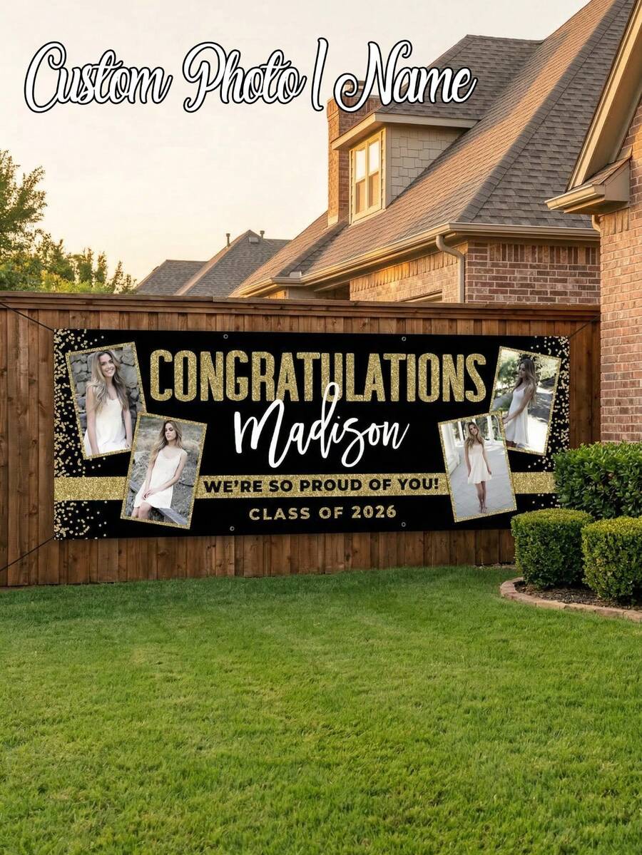 1 biểu ngữ chúc mừng tốt nghiệp năm 2026 có thể tùy chỉnh, cá nhân hóa với tên và ảnh chân dung, biểu ngữ vinyl chủ đề tốt nghiệp độc quyền, hình nền tốt nghiệp có thể tùy chỉnh, bảng tốt nghiệp cá nhân hóa với ảnh, biểu ngữ với văn bản và hình ảnh tùy chỉnh. - Nhiều màu - Xem 1