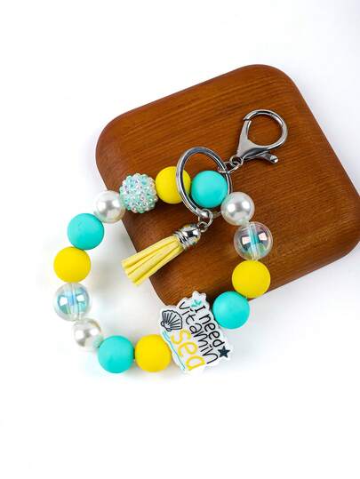 1/2pcs Set Durable Ocean Theme Beaded Bracelet With Keychain - Soft Matte Silicone Beads, Sturdy Silver Metal Clasp And Adorable "Vitamin Sea" Charm, Essential Anti-Lost Wristband For Daily Commute